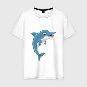Мужская футболка хлопок с принтом Веселый синий дельфин в Кировске, 100% хлопок | прямой крой, круглый вырез горловины, длина до линии бедер, слегка спущенное плечо. | 
