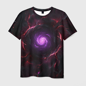Мужская футболка 3D с принтом Космическая объемная абстракция с фиолетовым  свечением в Кировске, 100% полиэфир | прямой крой, круглый вырез горловины, длина до линии бедер | 