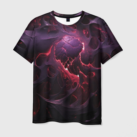 Мужская футболка 3D с принтом Космическая объемная абстракция с фиолетовым   свечением в Белгороде, 100% полиэфир | прямой крой, круглый вырез горловины, длина до линии бедер | 