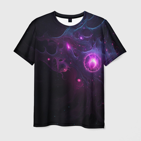 Мужская футболка 3D с принтом Космическая объемная   абстракция с фиолетовым свечением в Кировске, 100% полиэфир | прямой крой, круглый вырез горловины, длина до линии бедер | 
