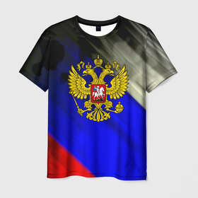 Мужская футболка 3D с принтом Россия краски герб текстура в Новосибирске, 100% полиэфир | прямой крой, круглый вырез горловины, длина до линии бедер | 