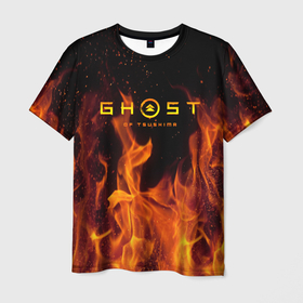 Мужская футболка 3D с принтом Ghost of Tsushima в огне в Тюмени, 100% полиэфир | прямой крой, круглый вырез горловины, длина до линии бедер | Тематика изображения на принте: 