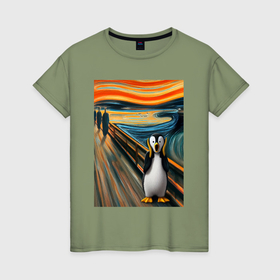 Женская футболка хлопок с принтом Пингвин кричит   мем картина Мунка ai art в Тюмени, 100% хлопок | прямой крой, круглый вырез горловины, длина до линии бедер, слегка спущенное плечо | 