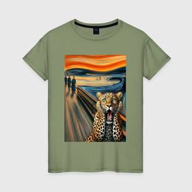 Женская футболка хлопок с принтом Леопард кричит   мем картина от нейросети в Курске, 100% хлопок | прямой крой, круглый вырез горловины, длина до линии бедер, слегка спущенное плечо | 