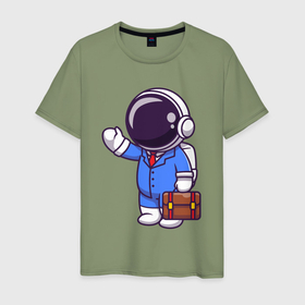 Мужская футболка хлопок с принтом Космонавт с чемоданом в Екатеринбурге, 100% хлопок | прямой крой, круглый вырез горловины, длина до линии бедер, слегка спущенное плечо. | 