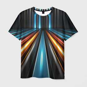 Мужская футболка 3D с принтом Неоновый путь из труб в Петрозаводске, 100% полиэфир | прямой крой, круглый вырез горловины, длина до линии бедер | 