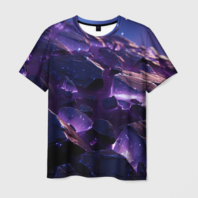 Мужская футболка 3D с принтом Фиолетовые неоновые камни со светом в Петрозаводске, 100% полиэфир | прямой крой, круглый вырез горловины, длина до линии бедер | 