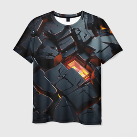 Мужская футболка 3D с принтом Черные камни с разломами в Петрозаводске, 100% полиэфир | прямой крой, круглый вырез горловины, длина до линии бедер | Тематика изображения на принте: 