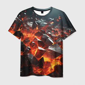 Мужская футболка 3D с принтом Взрыв камней в красном неоне в Кировске, 100% полиэфир | прямой крой, круглый вырез горловины, длина до линии бедер | Тематика изображения на принте: 