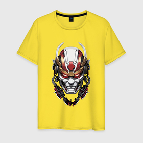 Мужская футболка хлопок с принтом Красный киберпанк самурай в Петрозаводске, 100% хлопок | прямой крой, круглый вырез горловины, длина до линии бедер, слегка спущенное плечо. | 
