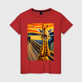 Женская футболка хлопок с принтом Жираф кричит   мем нейросеть в Новосибирске, 100% хлопок | прямой крой, круглый вырез горловины, длина до линии бедер, слегка спущенное плечо | 
