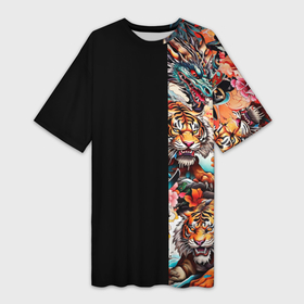 Платье-футболка 3D с принтом Тату ирезуми дракона тигр лис и самурай в Петрозаводске,  |  | 