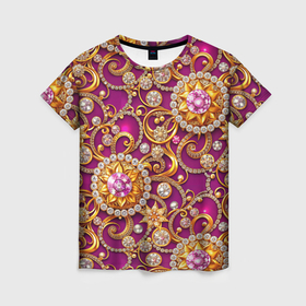 Женская футболка 3D с принтом Ювелирные украшение на фиолетовом фоне в Кировске, 100% полиэфир ( синтетическое хлопкоподобное полотно) | прямой крой, круглый вырез горловины, длина до линии бедер | 