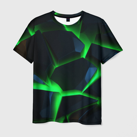 Мужская футболка 3D с принтом Зеленый неон и разлом  плит в Кировске, 100% полиэфир | прямой крой, круглый вырез горловины, длина до линии бедер | 