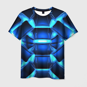 Мужская футболка 3D с принтом Синие абстрактные неоновые  плиты в Екатеринбурге, 100% полиэфир | прямой крой, круглый вырез горловины, длина до линии бедер | 