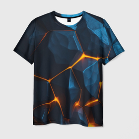 Мужская футболка 3D с принтом Разлом плит с оранжевым свечением , 100% полиэфир | прямой крой, круглый вырез горловины, длина до линии бедер | 