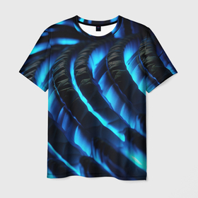 Мужская футболка 3D с принтом Неоновая яркая геометрическая  абстракция со светом в Белгороде, 100% полиэфир | прямой крой, круглый вырез горловины, длина до линии бедер | 