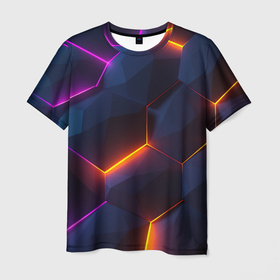 Мужская футболка 3D с принтом Неоновая яркая  геометрическая абстракция со светом в Кировске, 100% полиэфир | прямой крой, круглый вырез горловины, длина до линии бедер | 