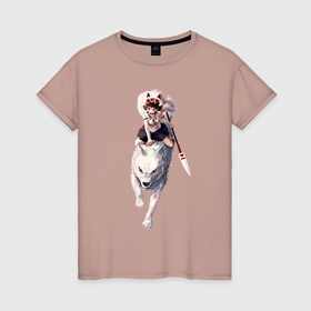 Женская футболка хлопок с принтом Принцесса Мононоке волк в Екатеринбурге, 100% хлопок | прямой крой, круглый вырез горловины, длина до линии бедер, слегка спущенное плечо | 