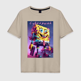 Мужская футболка хлопок Oversize с принтом Sponge Bob with a pistol   cyberpunk ai art в Курске, 100% хлопок | свободный крой, круглый ворот, “спинка” длиннее передней части | Тематика изображения на принте: 