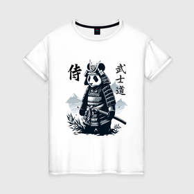 Женская футболка хлопок с принтом Panda samurai   bushido ai art fantasy в Тюмени, 100% хлопок | прямой крой, круглый вырез горловины, длина до линии бедер, слегка спущенное плечо | Тематика изображения на принте: 