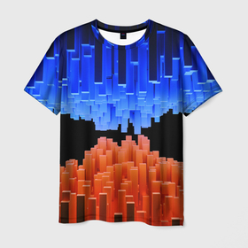 Мужская футболка 3D с принтом Стягивающиеся в центре синие и оранжевые блоки в Новосибирске, 100% полиэфир | прямой крой, круглый вырез горловины, длина до линии бедер | 