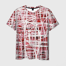Мужская футболка 3D с принтом Хаотичный кубический каркас в красном тумане , 100% полиэфир | прямой крой, круглый вырез горловины, длина до линии бедер | Тематика изображения на принте: 