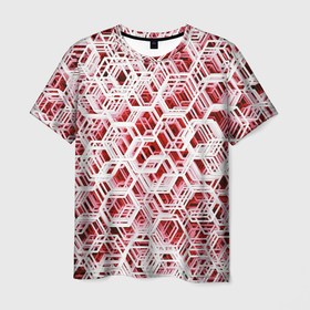 Мужская футболка 3D с принтом Хаотичный гексагональный каркас в красном тумане , 100% полиэфир | прямой крой, круглый вырез горловины, длина до линии бедер | 