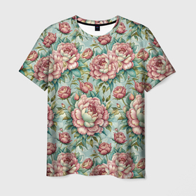 Мужская футболка 3D с принтом Пионы садовые крупные бутоны цветов в Кировске, 100% полиэфир | прямой крой, круглый вырез горловины, длина до линии бедер | 