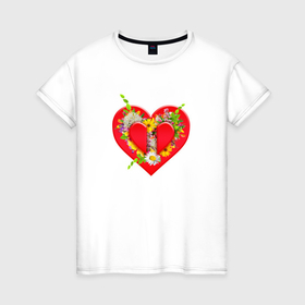 Женская футболка хлопок с принтом Сердце с цветочками в Петрозаводске, 100% хлопок | прямой крой, круглый вырез горловины, длина до линии бедер, слегка спущенное плечо | 
