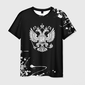 Мужская футболка 3D с принтом Россия герб краски брызги в Новосибирске, 100% полиэфир | прямой крой, круглый вырез горловины, длина до линии бедер | 