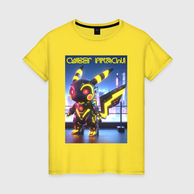 Женская футболка хлопок с принтом Cyber pikachu   ai art neon glow fantasy в Кировске, 100% хлопок | прямой крой, круглый вырез горловины, длина до линии бедер, слегка спущенное плечо | 