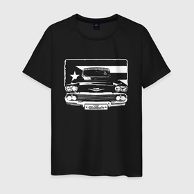 Мужская футболка хлопок с принтом Кубинский флаг и старый американский автомобиль в Санкт-Петербурге, 100% хлопок | прямой крой, круглый вырез горловины, длина до линии бедер, слегка спущенное плечо. | 