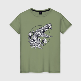 Женская футболка хлопок с принтом Змея и цветочки в Кировске, 100% хлопок | прямой крой, круглый вырез горловины, длина до линии бедер, слегка спущенное плечо | 