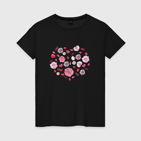 Женская футболка хлопок с принтом Сердечко с цветами в Новосибирске, 100% хлопок | прямой крой, круглый вырез горловины, длина до линии бедер, слегка спущенное плечо | 