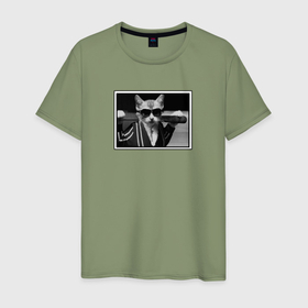 Мужская футболка хлопок с принтом Котик с битой и в очках   крутой в Тюмени, 100% хлопок | прямой крой, круглый вырез горловины, длина до линии бедер, слегка спущенное плечо. | 