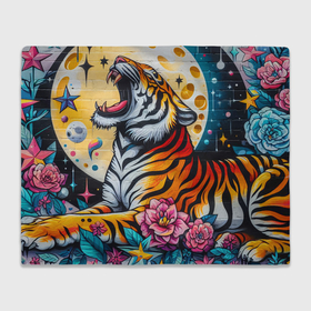 Плед 3D с принтом Бенгальский тигр на фоне луны и цветов   нейросеть в Тюмени, 100% полиэстер | закругленные углы, все края обработаны. Ткань не мнется и не растягивается | 
