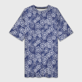 Платье-футболка 3D с принтом Синие с белым цветы ,  |  | 