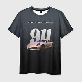 Мужская футболка 3D с принтом Спортивный автомобиль Porsche 911 в Петрозаводске, 100% полиэфир | прямой крой, круглый вырез горловины, длина до линии бедер | 