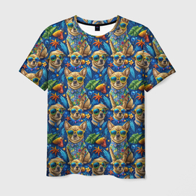 Мужская футболка 3D с принтом Собачка и летний    вайб паттерн в Курске, 100% полиэфир | прямой крой, круглый вырез горловины, длина до линии бедер | 