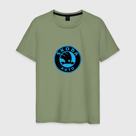 Мужская футболка хлопок с принтом Skoda logo blue в Петрозаводске, 100% хлопок | прямой крой, круглый вырез горловины, длина до линии бедер, слегка спущенное плечо. | Тематика изображения на принте: 
