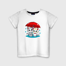 Детская футболка хлопок с принтом Котики под красным зонтиком , 100% хлопок | круглый вырез горловины, полуприлегающий силуэт, длина до линии бедер | 