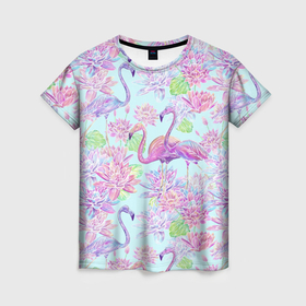 Женская футболка 3D с принтом Фламинго и кувшинки батик в Санкт-Петербурге, 100% полиэфир ( синтетическое хлопкоподобное полотно) | прямой крой, круглый вырез горловины, длина до линии бедер | 