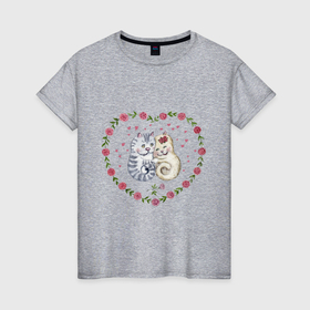 Женская футболка хлопок с принтом Коты в сердечке с розами в Екатеринбурге, 100% хлопок | прямой крой, круглый вырез горловины, длина до линии бедер, слегка спущенное плечо | 