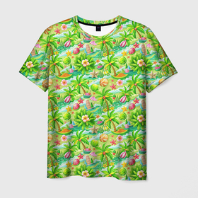 Мужская футболка 3D с принтом Летние каникулы микс из   паттерна в Курске, 100% полиэфир | прямой крой, круглый вырез горловины, длина до линии бедер | 