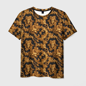 Мужская футболка 3D с принтом Золотые переплетения узоров барокко с лицами   паттерн в Белгороде, 100% полиэфир | прямой крой, круглый вырез горловины, длина до линии бедер | 
