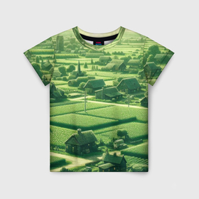 Детская футболка 3D с принтом Деревня в зернистом зеленом фоне в Тюмени, 100% гипоаллергенный полиэфир | прямой крой, круглый вырез горловины, длина до линии бедер, чуть спущенное плечо, ткань немного тянется | 
