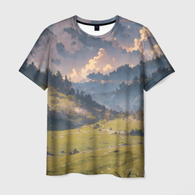 Мужская футболка 3D с принтом Зелёное поле и небо   аниме в Курске, 100% полиэфир | прямой крой, круглый вырез горловины, длина до линии бедер | Тематика изображения на принте: 