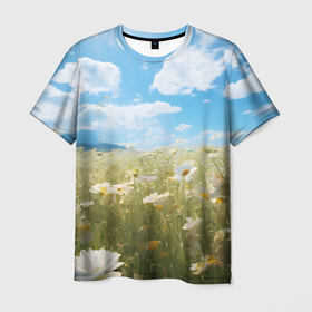 Мужская футболка 3D с принтом Ромашковое поле в Кировске, 100% полиэфир | прямой крой, круглый вырез горловины, длина до линии бедер | 
