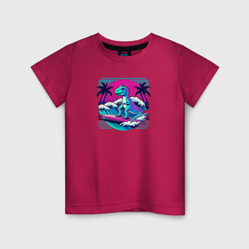 Детская футболка хлопок с принтом Мультяшный динозавр на доске для серфинга в Курске, 100% хлопок | круглый вырез горловины, полуприлегающий силуэт, длина до линии бедер | 